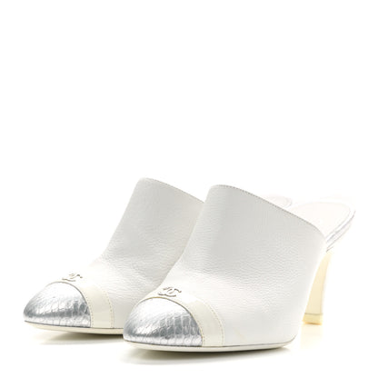 Chanel Grained Calfskin Snakeskin Cap Toe Mules 37.5 Ivory Silver 3 of 8