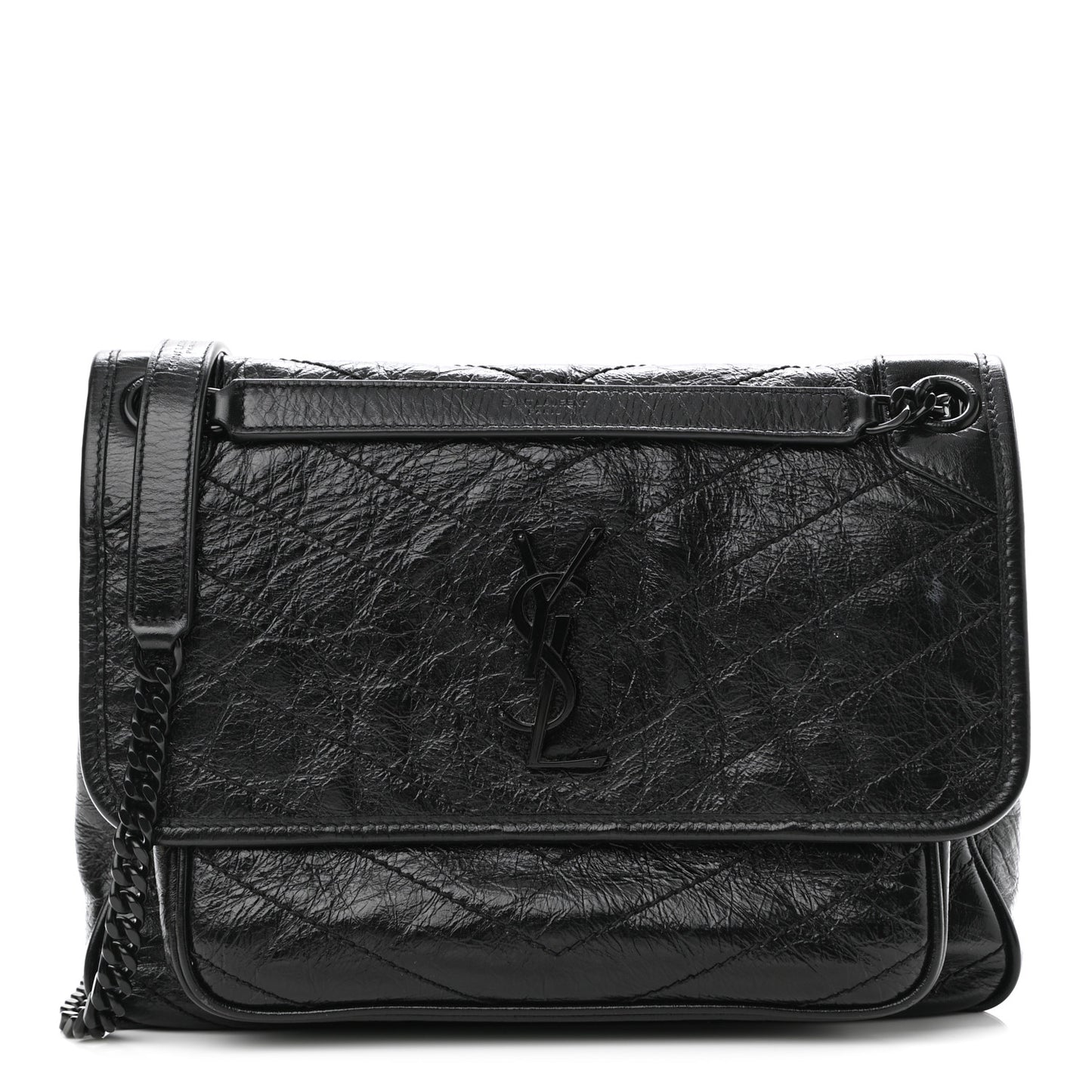 Crinkled Calfskin Matelasse Monogram Medium Niki Chain Satchel Black