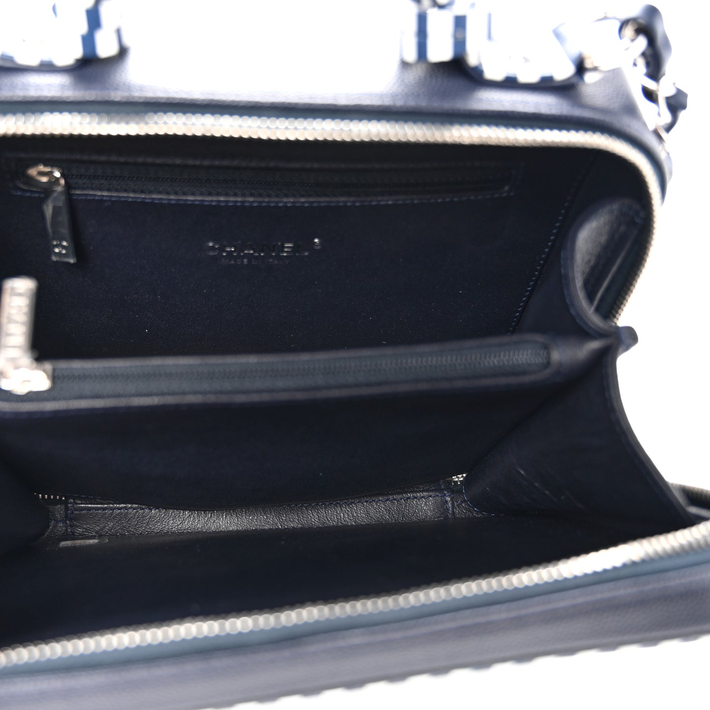 Caviar Quilted Striped Medium CC Filigree Vanity Case Navy White