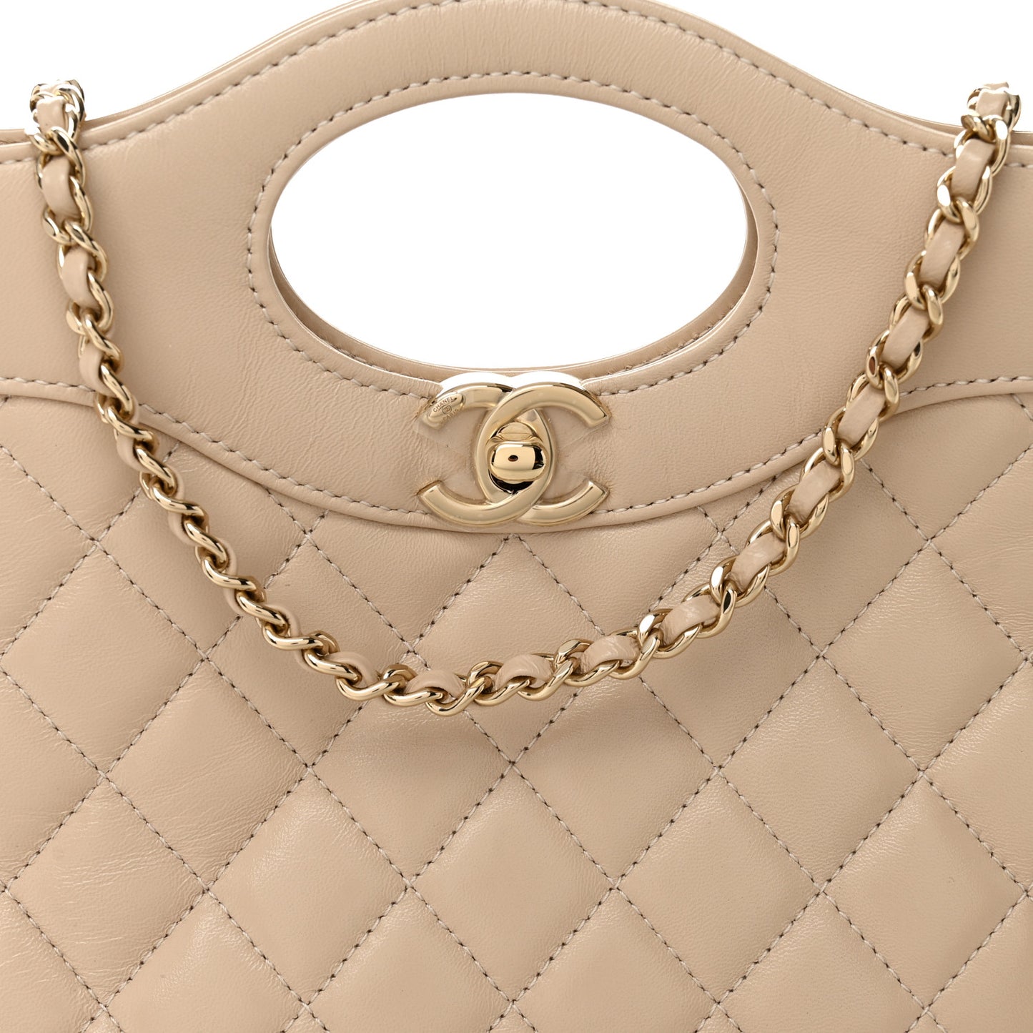 Shiny Crumpled Calfskin Quilted Mini 31 Shopping Bag Beige