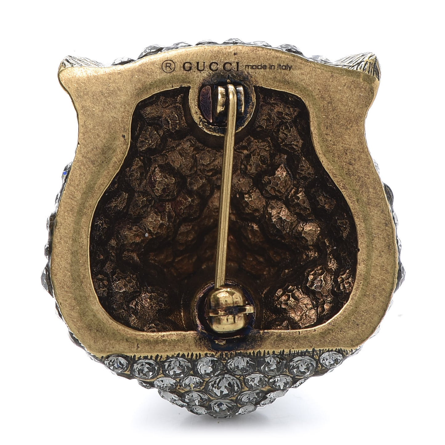 Metal Crystal Feline Head Brooch Aged Gold