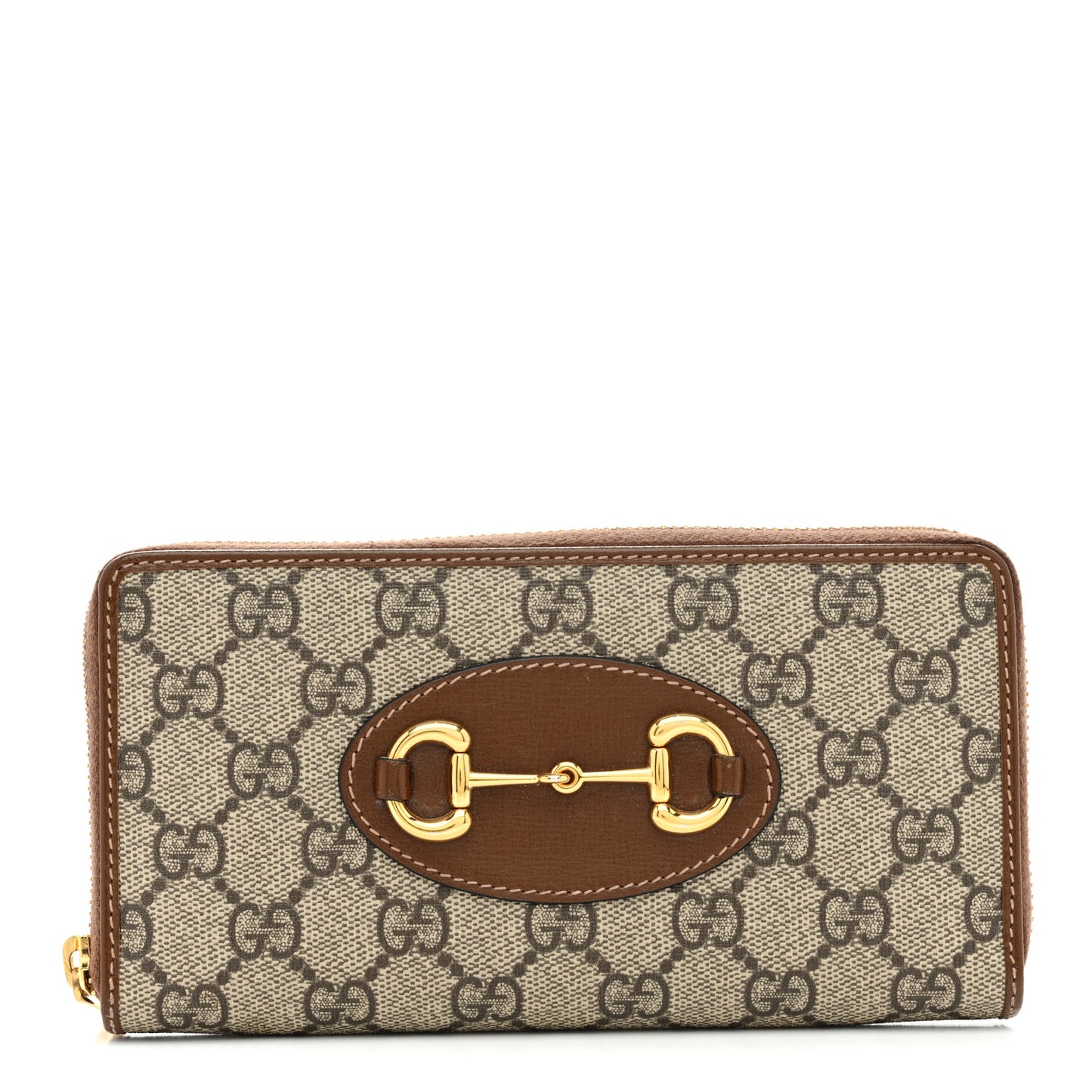 GG Supreme Monogram Azalea Calfskin Horsebit 1955 Zip Around Wallet Beige Ebony Brown Sugar