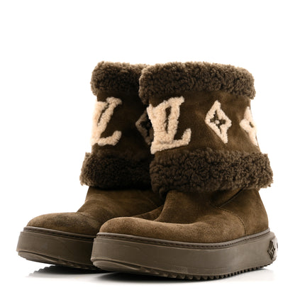 Louis Vuitton Suede Calfskin Shearling Snowdrop Flat Ankle Boot 39.5 Khaki 4 of 11