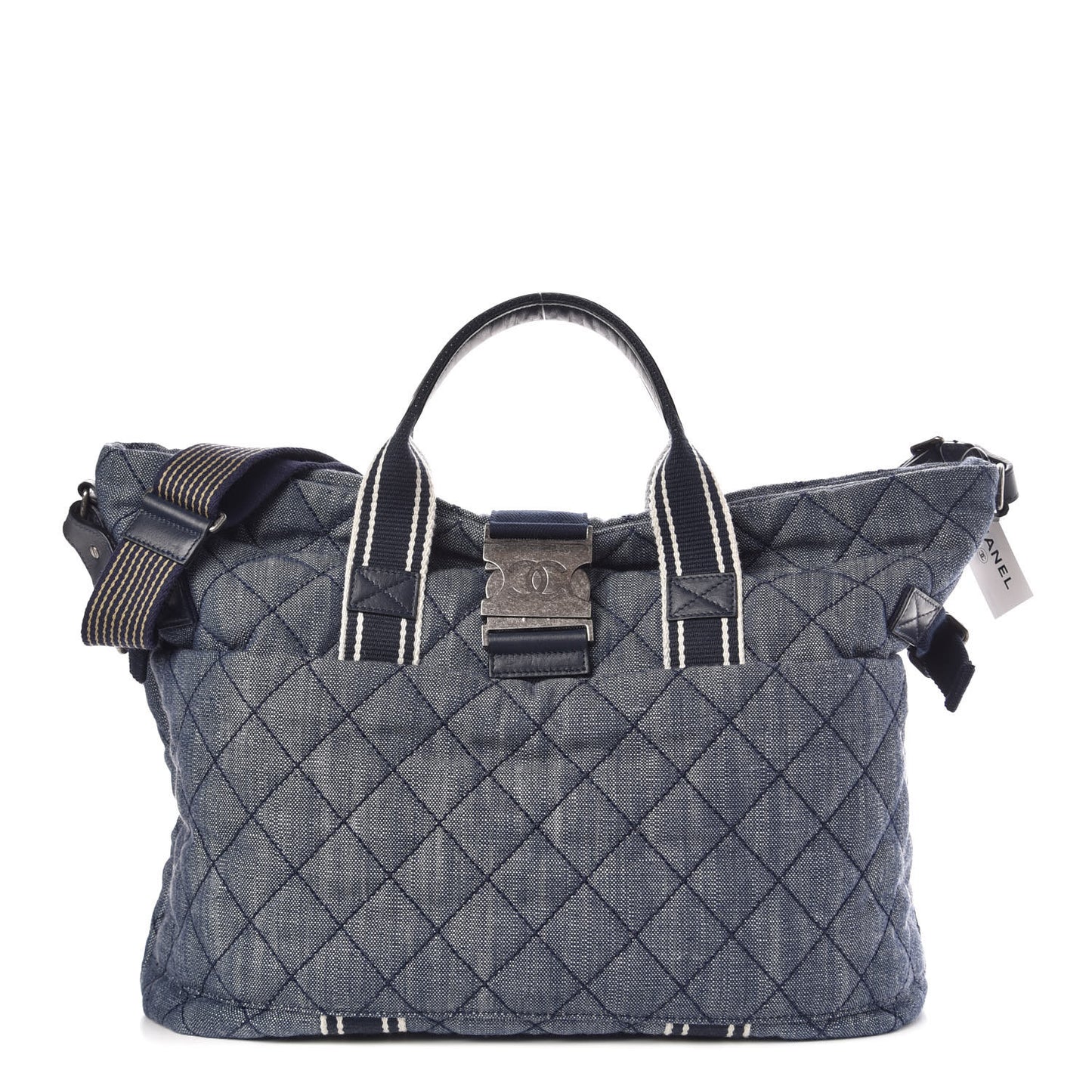 Denim Quilted Large Shopping Bag Navy White