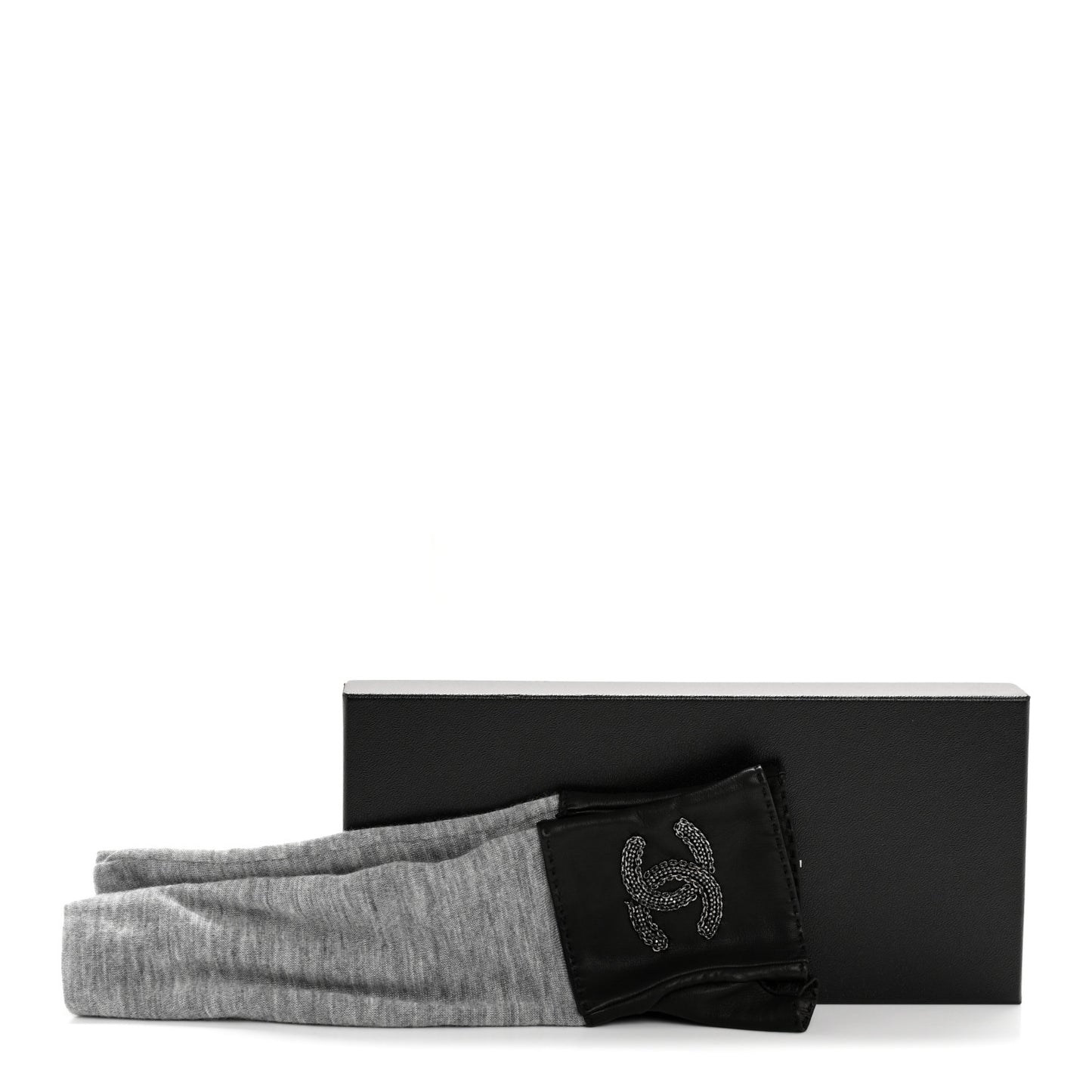 Lambskin Cashmere Silk CC Fingerless Gloves 7 Black Grey