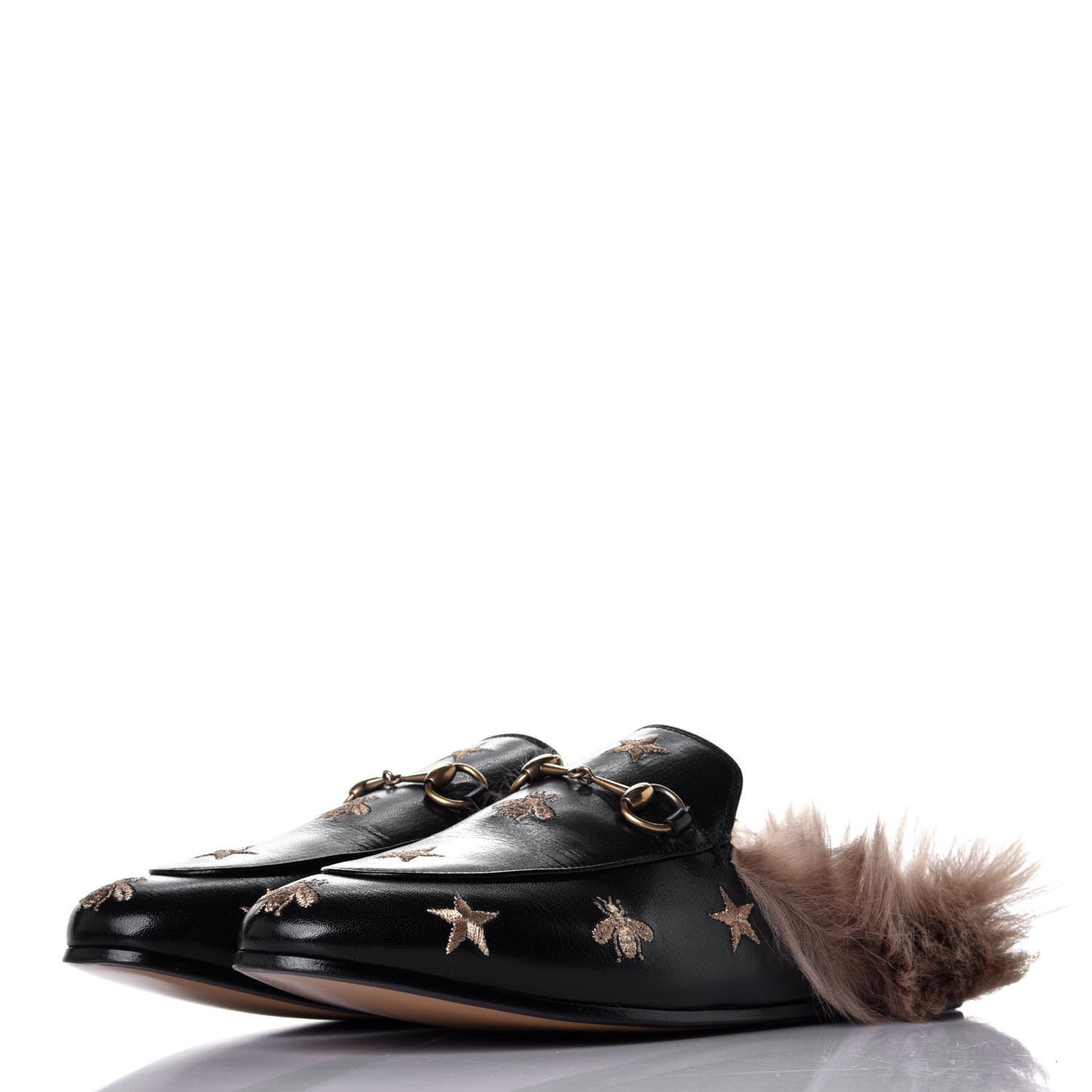 Goatskin Fur Bee Star Embroidered Womens Princetown Slippers 38.5 Black
