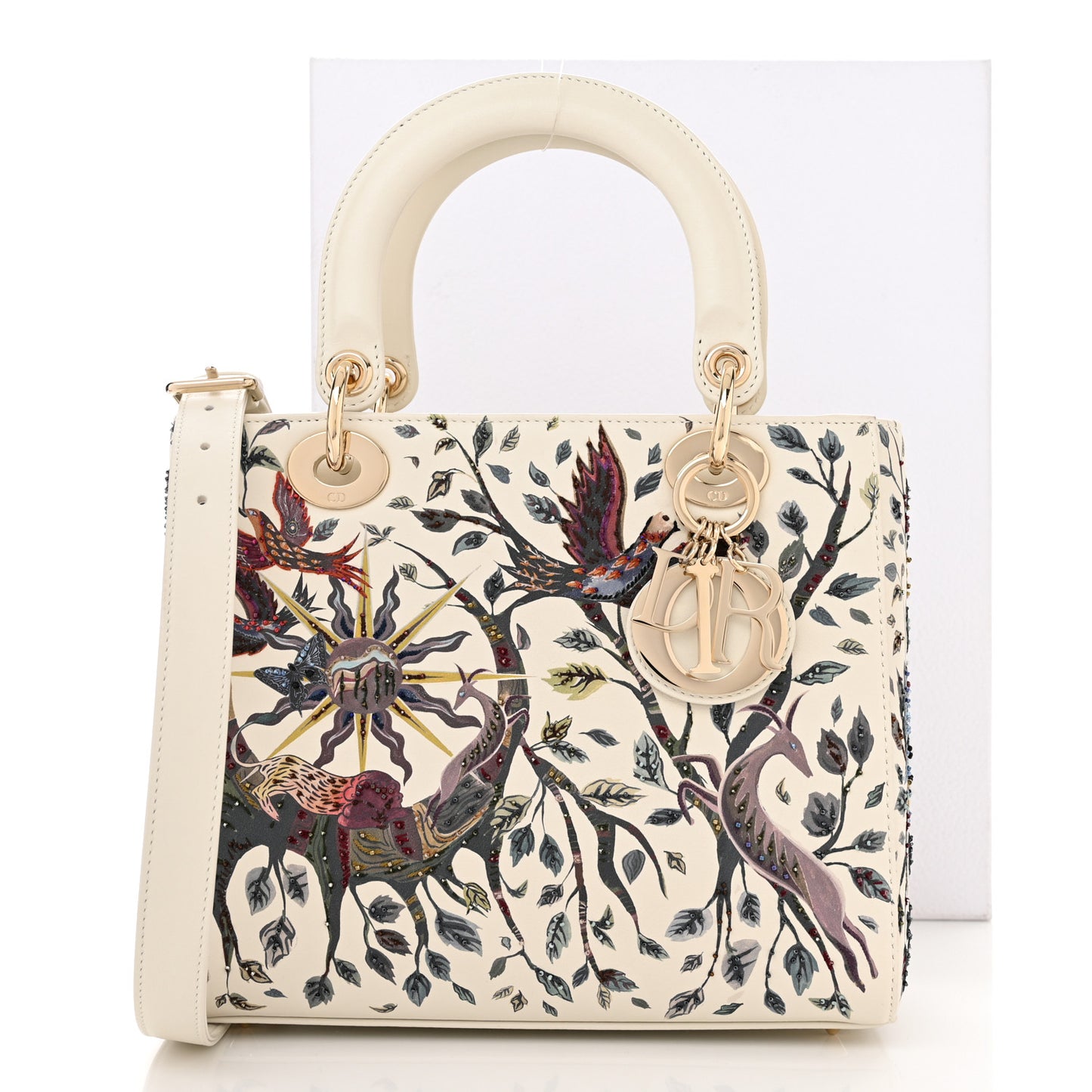 Calfskin Embroidered Medium Lady Dior White Multicolor