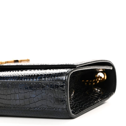 Saint Laurent Calfskin Crocodile Embossed Medium Classic Monogram Kate Tassel Satchel Black Blue 10 of 11