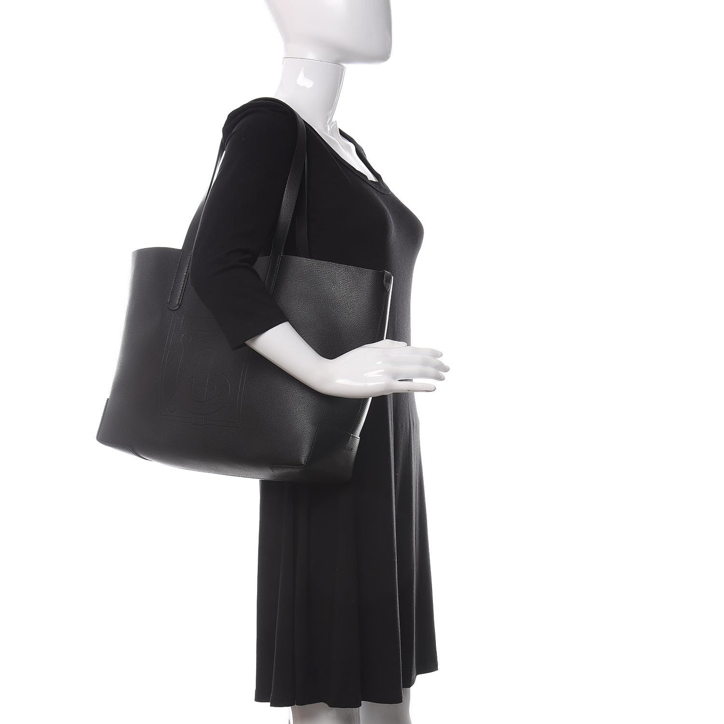 Calfskin TB Motif Embossed Medium Tote Black