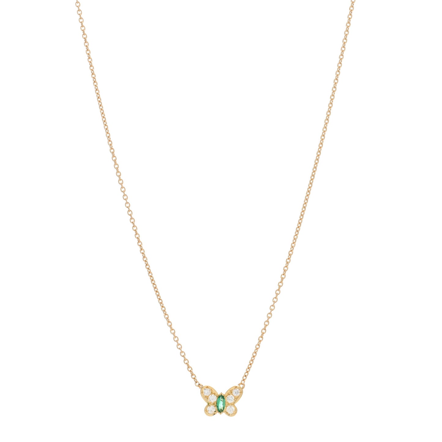 18K Yellow Gold Diamond Emerald Butterfly Pendant Necklace