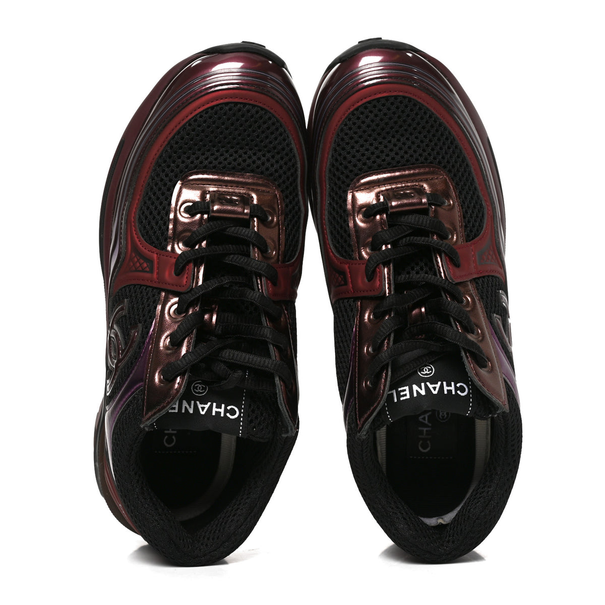 Chanel Fabric Laminated Calfskin Stretch CC Womens Sneakers 36 Black Purple Burgundy 2 of 9