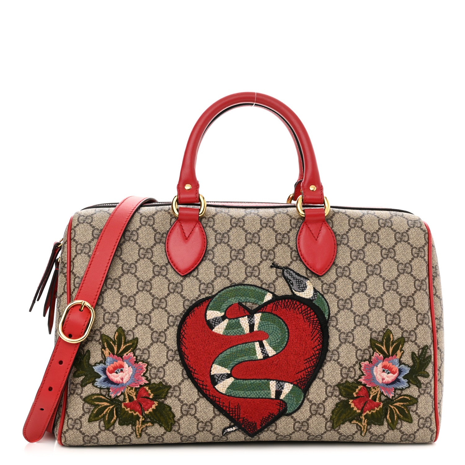 Gucci GG Supreme Monogram Kingsnake Heart Embroidered Medium Boston Hibiscus Red 1 of 12