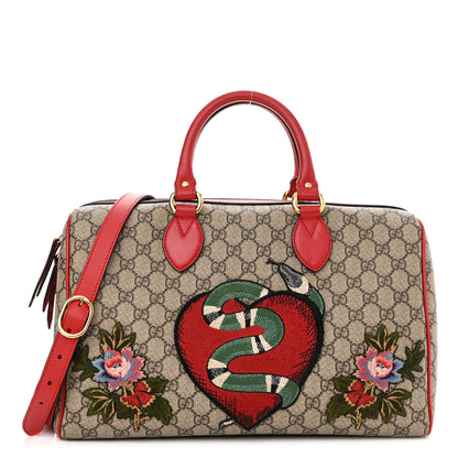 Gucci GG Supreme Monogram Kingsnake Heart Embroidered Medium Boston Hibiscus Red 1 of 12
