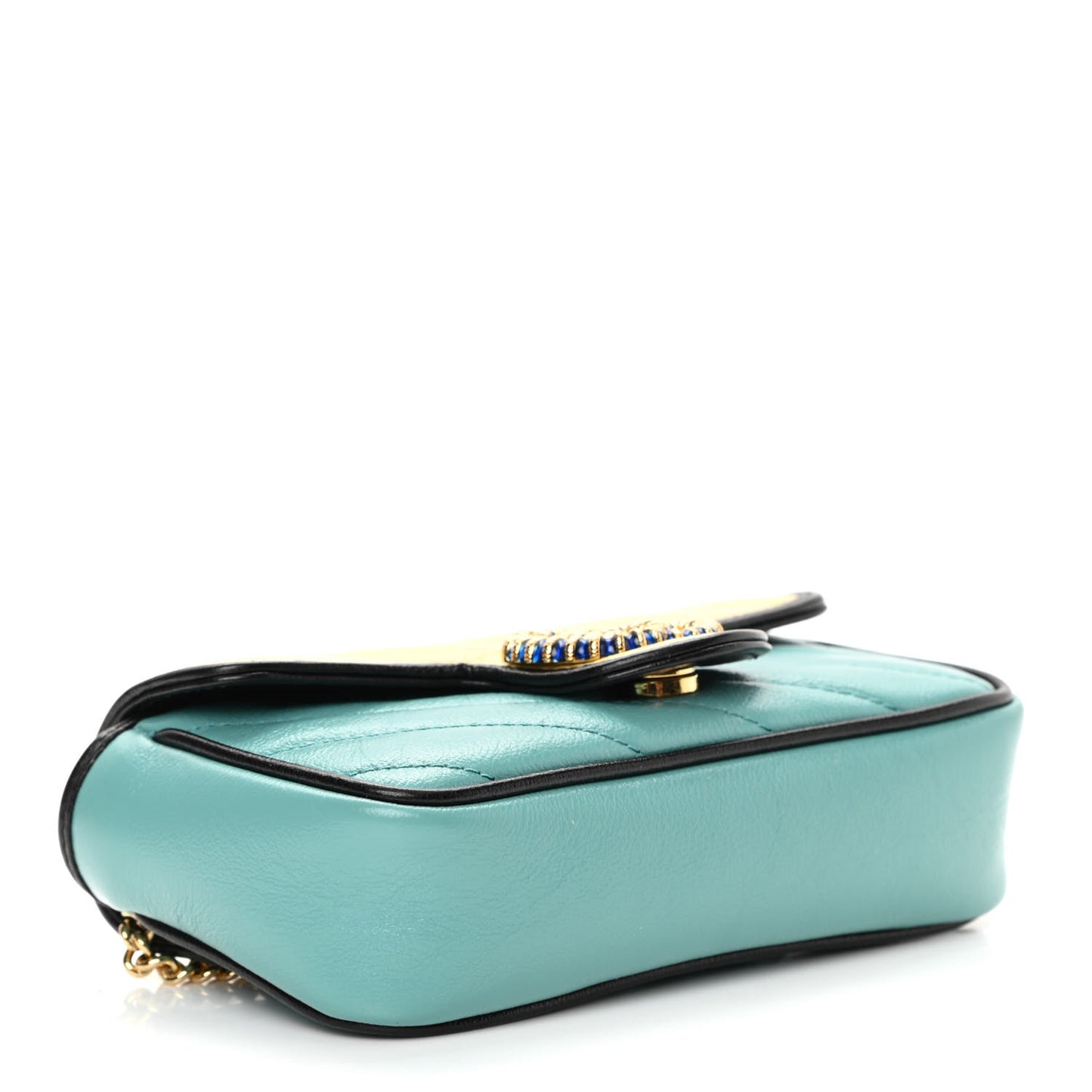 Azalea Calfskin Enamel Matelasse Diagonal Super Mini Torchon GG Marmont Shoulder Bag Butter Dusty Azure Black Electric Blue