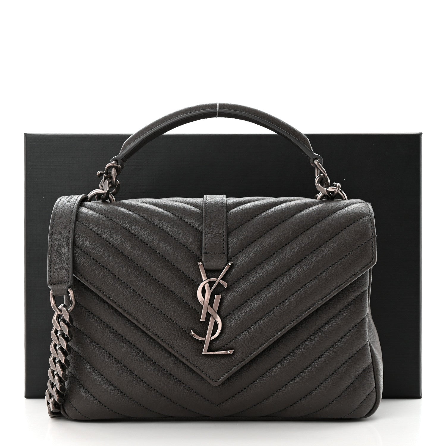 Saint Laurent Sheepskin Matelasse Chevron Monogram Medium College Bag Asphalt 15 of 15