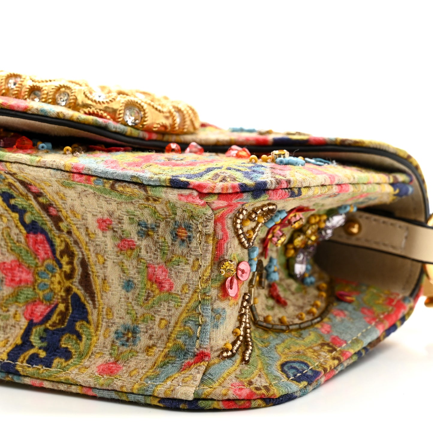 Fabric Beaded Crystal Embroidered Paisley Vlogo Small Loco Shoulder Bag Butter White Multicolor