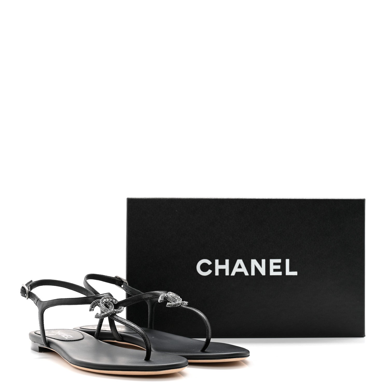 Chanel Lambskin Crystal CC Thong Sandals 38 Black 10 of 10