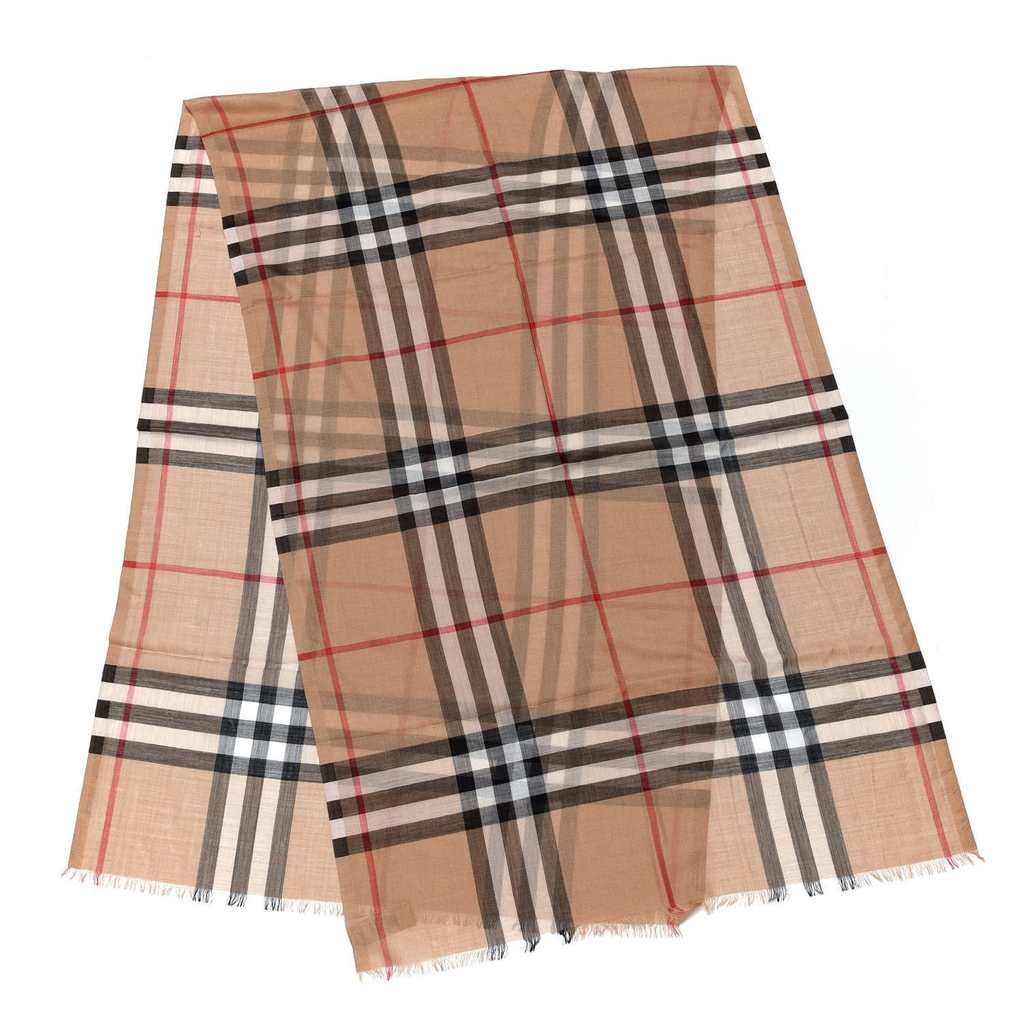 Wool Silk Gauze Giant Check Scarf Camel