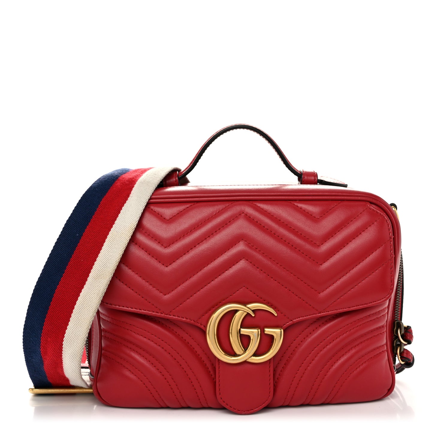 Calfskin Matelasse Sylvie Web Small GG Marmont Top Handle Shoulder Bag Hibiscus Red