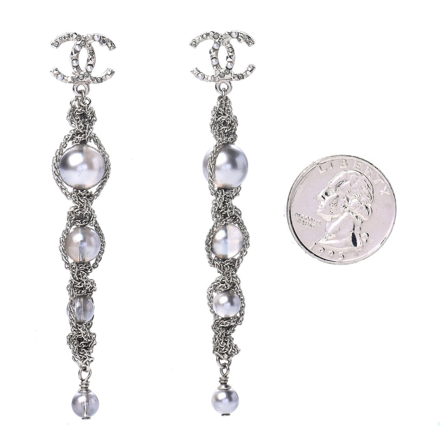 Pearl Crystal CC Chain Drop Earrings Silver