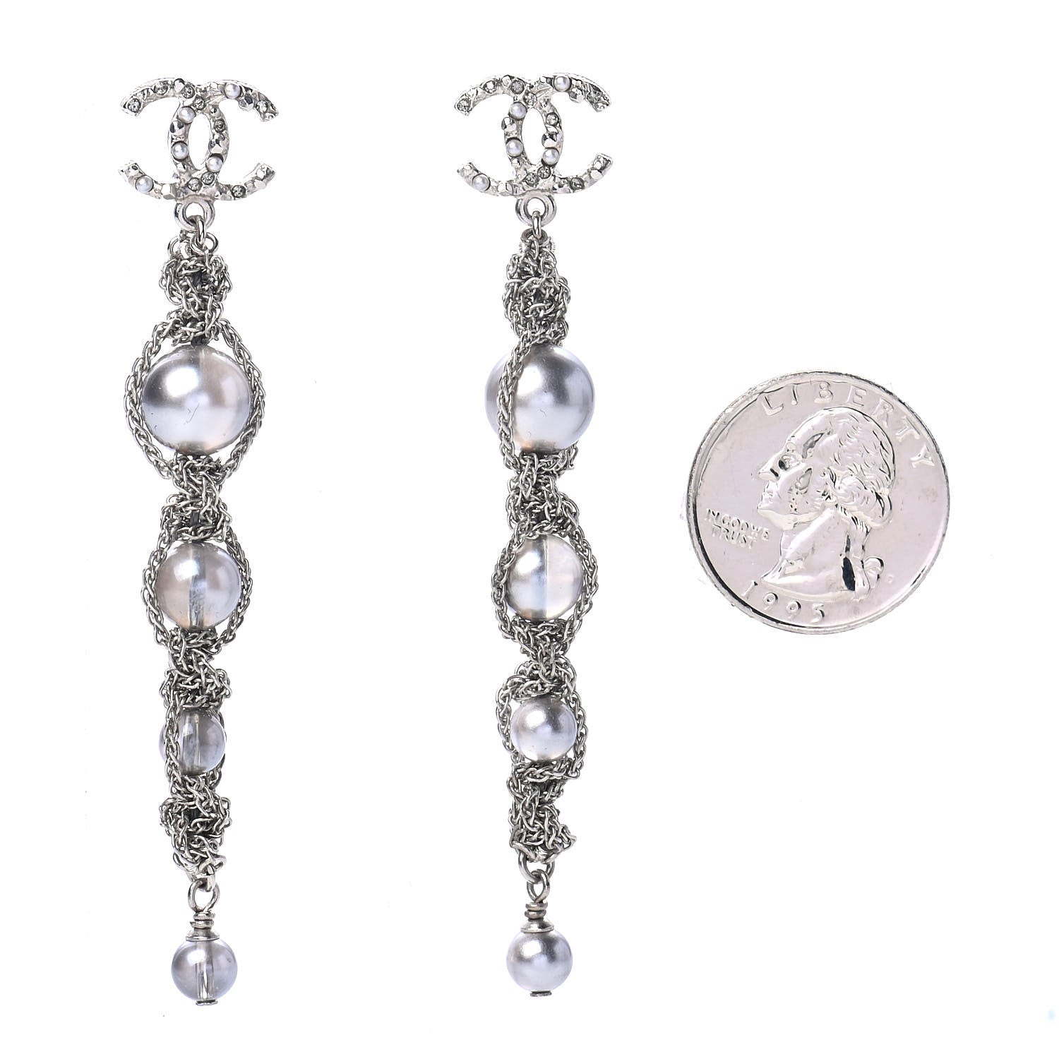 Chanel Pearl Crystal CC Chain Drop Earrings Silver 2 of 4