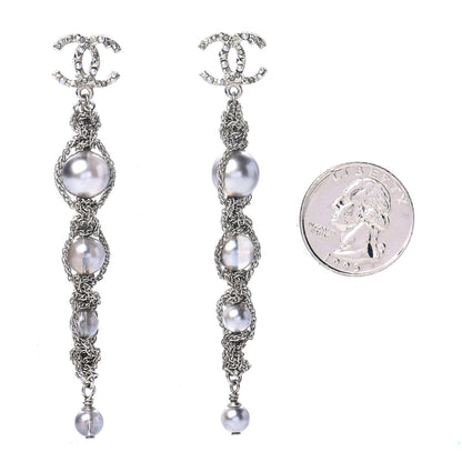 Chanel Pearl Crystal CC Chain Drop Earrings Silver 2 of 4