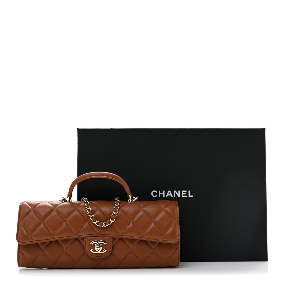 Chanel Lambskin Quilted Top Handle Long Clutch With Chain Camel 28 of 29