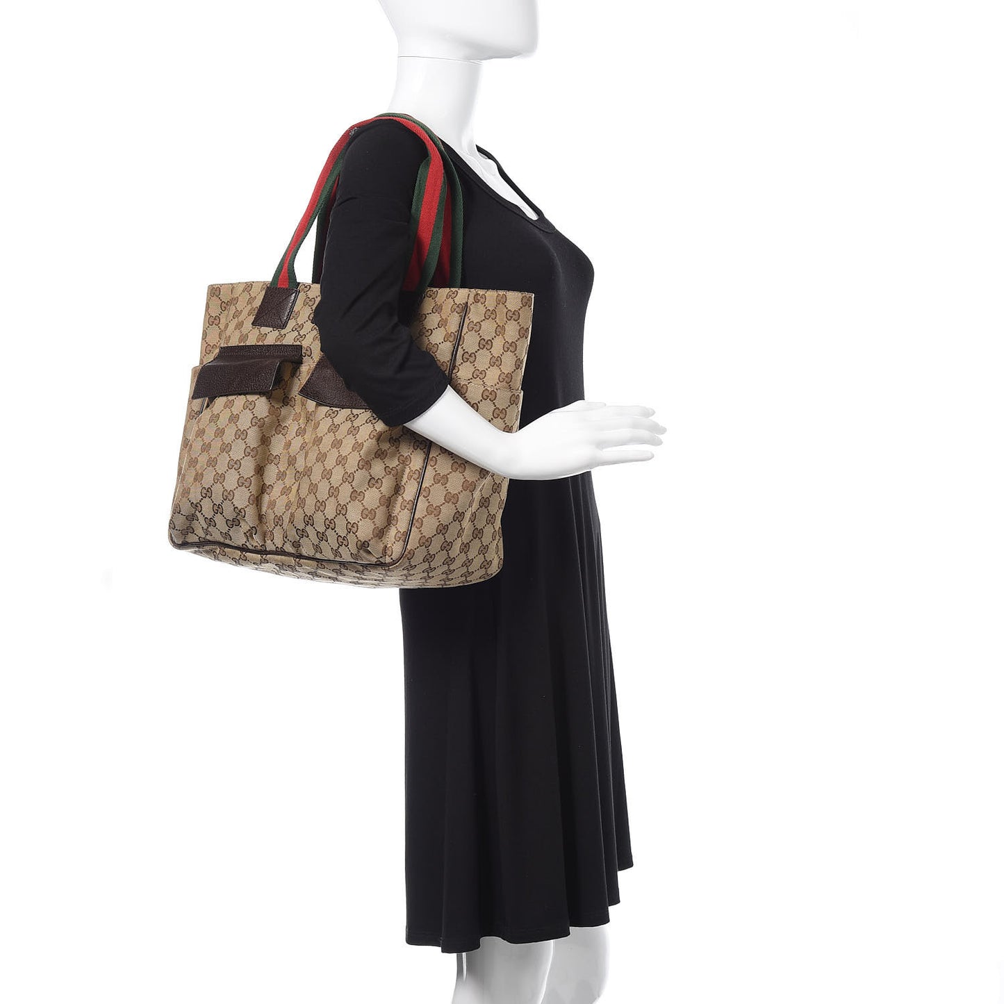 GG Monogram Medium Web Handle Double Pocket Tote Brown