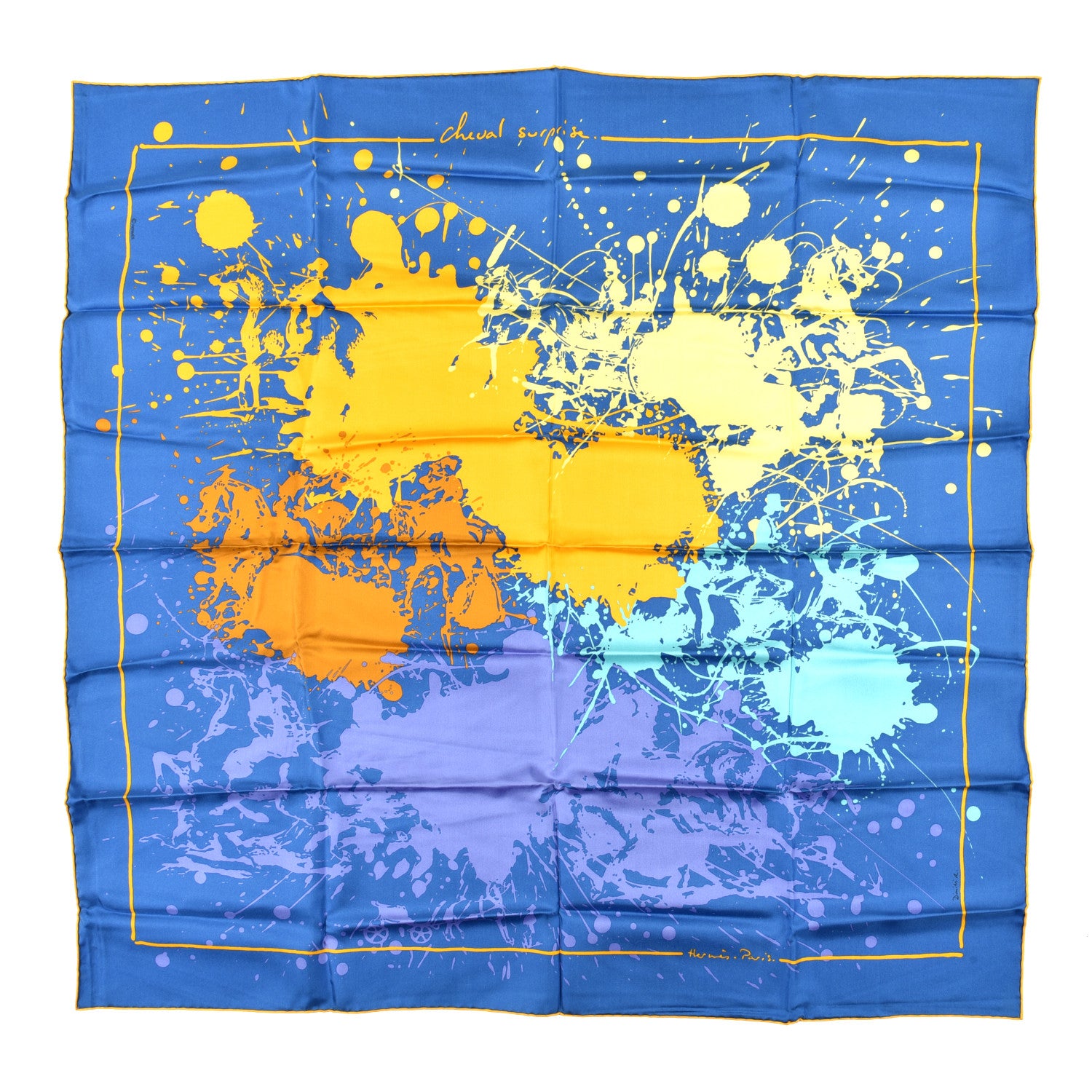 Hermes Silk Cheval Surprise Remix Scarf 90 Bleu Jaune D'Or Mauve 1 of 6