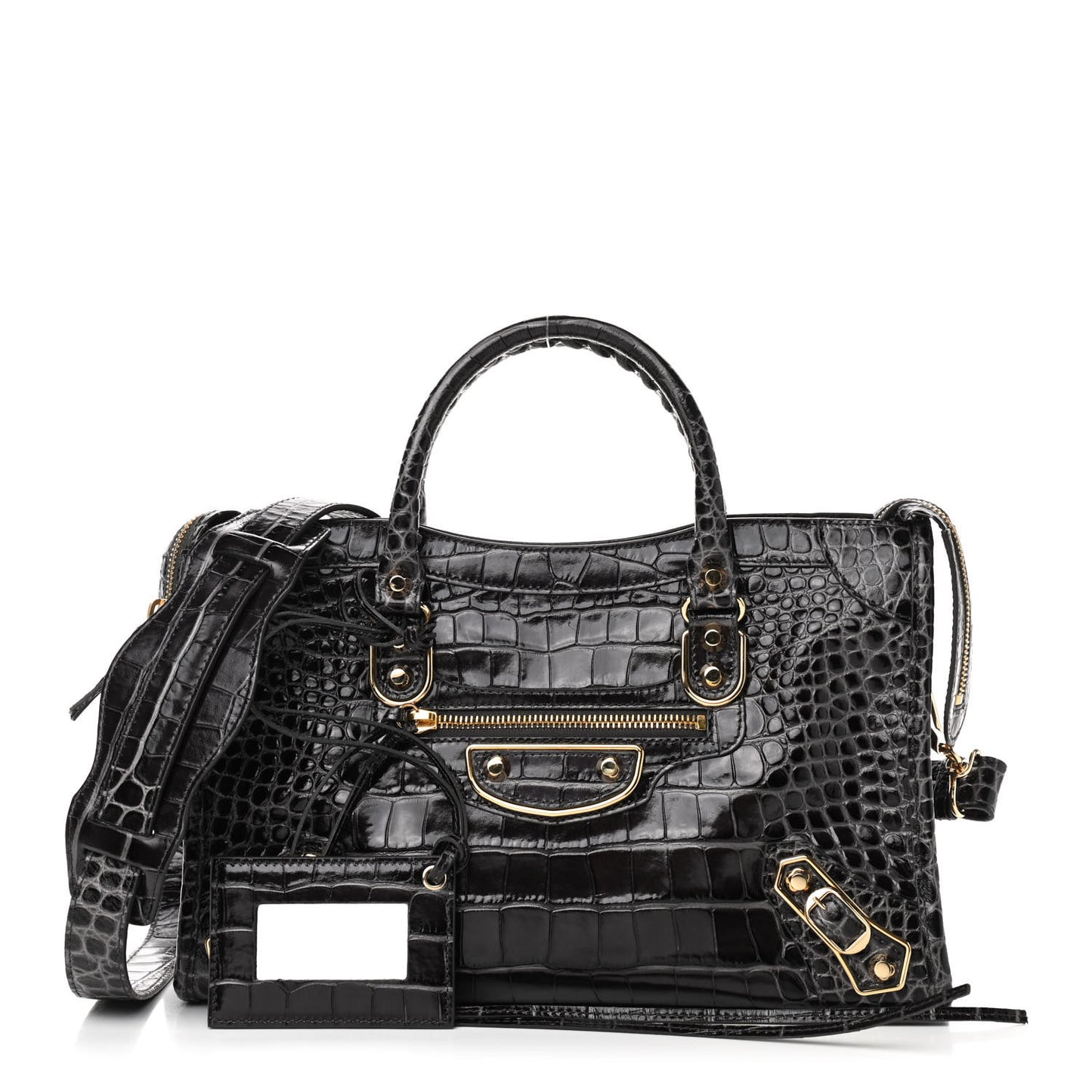 Shiny Supple Calfskin Crocodile Embossed Gold Metallic Edge Hardware S City Dark Grey