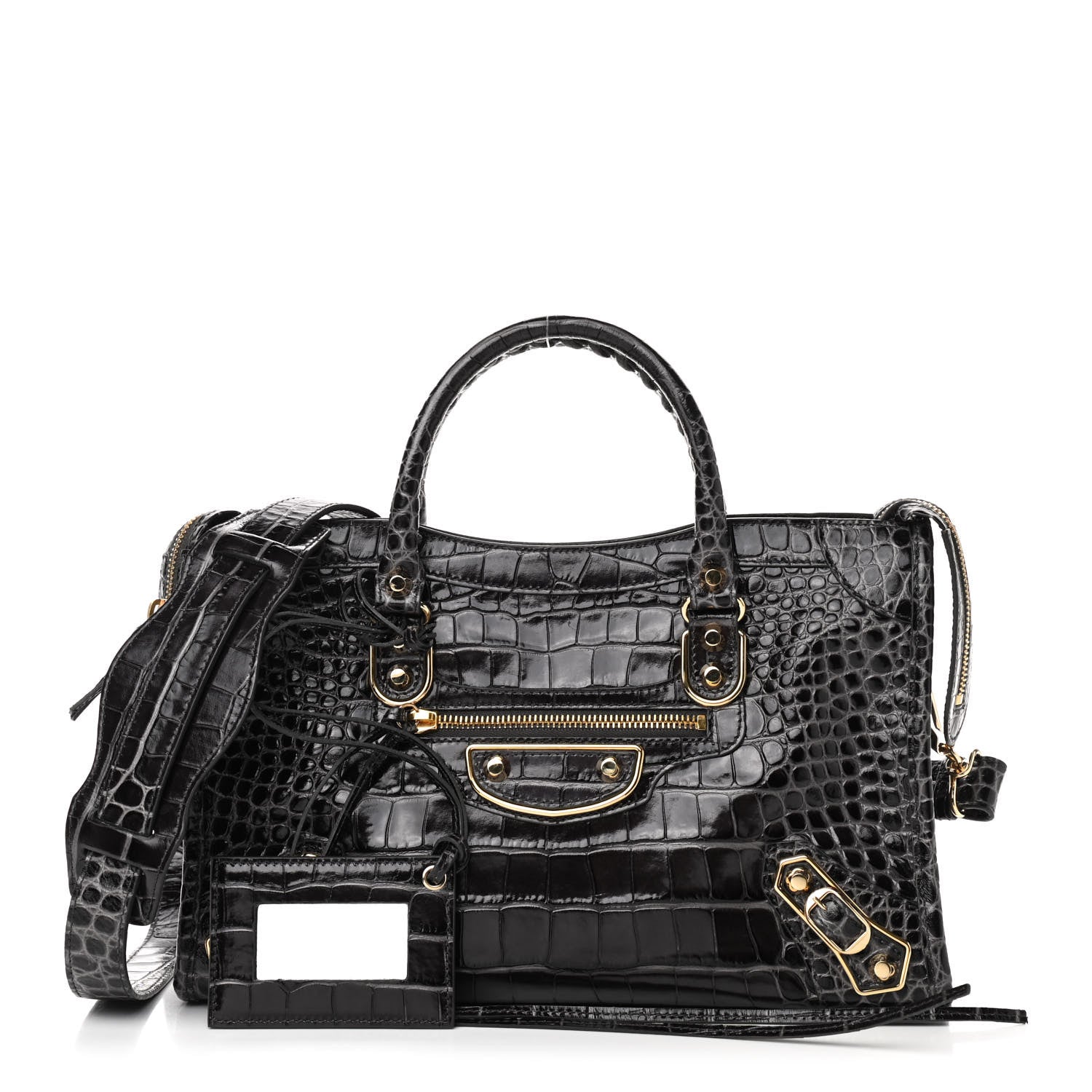 Balenciaga Shiny Supple Calfskin Crocodile Embossed Gold Metallic Edge Hardware S City Dark Grey 1 of 9