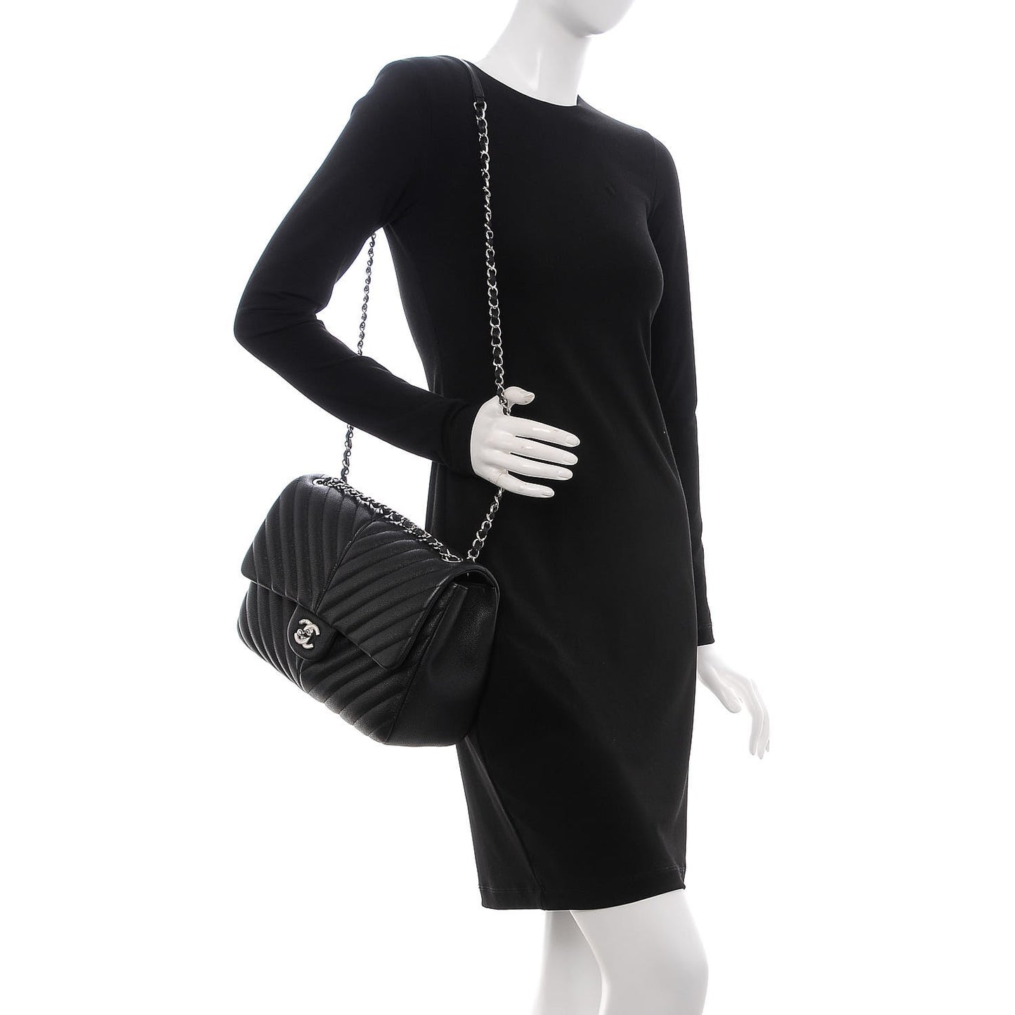Caviar Chevron Quilted Large Puffy CC Flap Black