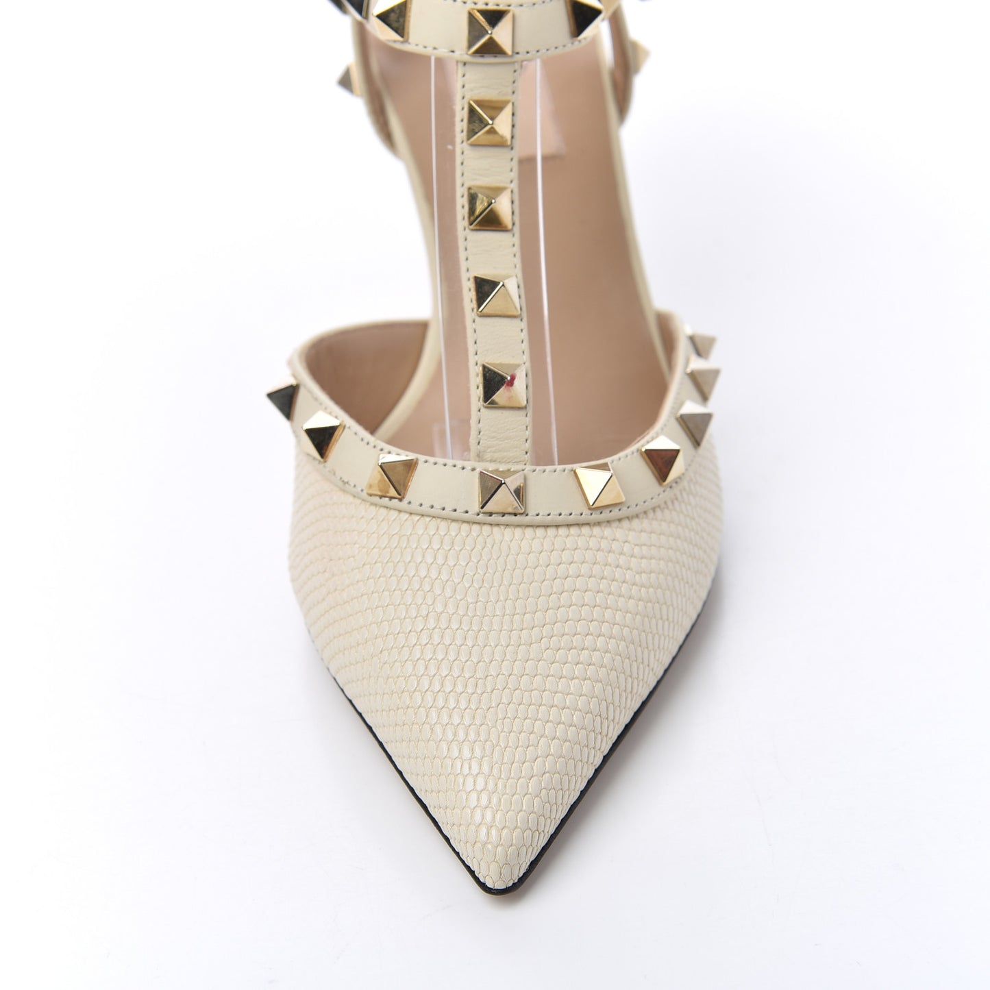 Lizard Rockstud Ankle Strap Low Heel Pumps 37 Ivory