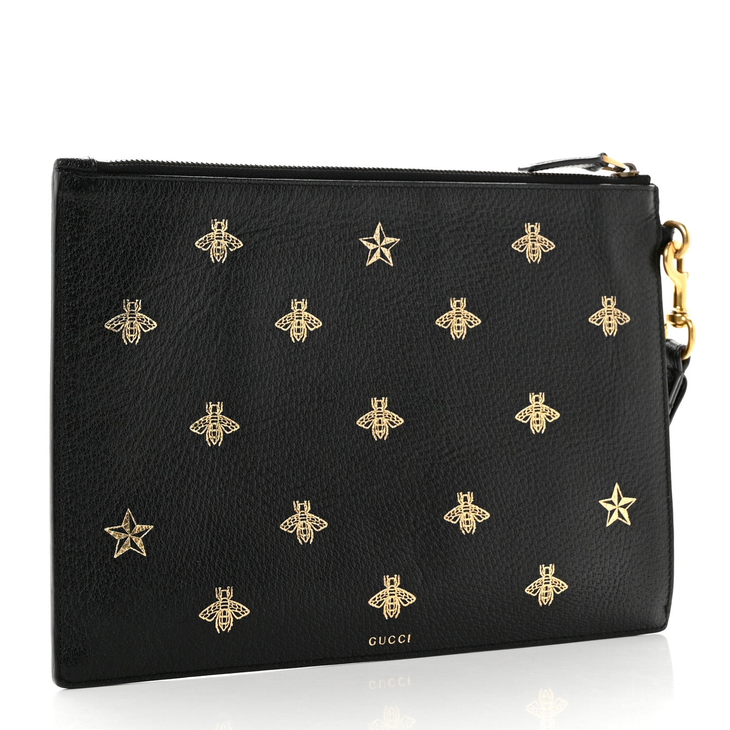 Dollar Calfskin Boar Effect Bee Star Zip Wristlet Pouch Black