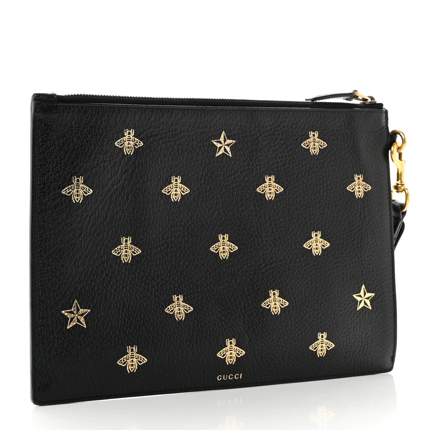 Gucci Dollar Calfskin Boar Effect Bee Star Zip Wristlet Pouch Black 3 of 7