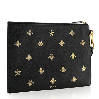 Gucci Dollar Calfskin Boar Effect Bee Star Zip Wristlet Pouch Black 3 of 7