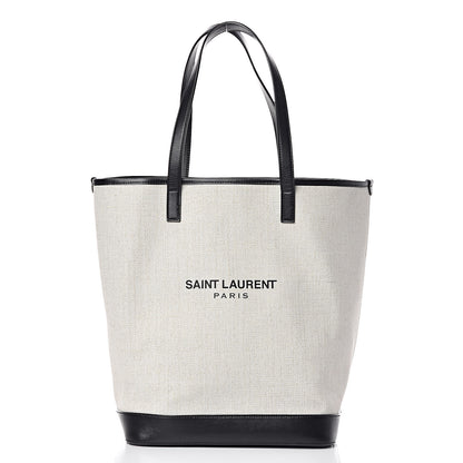 Saint Laurent Canvas Calfskin Teddy Drawstring Shopping Tote White Black 4 of 15