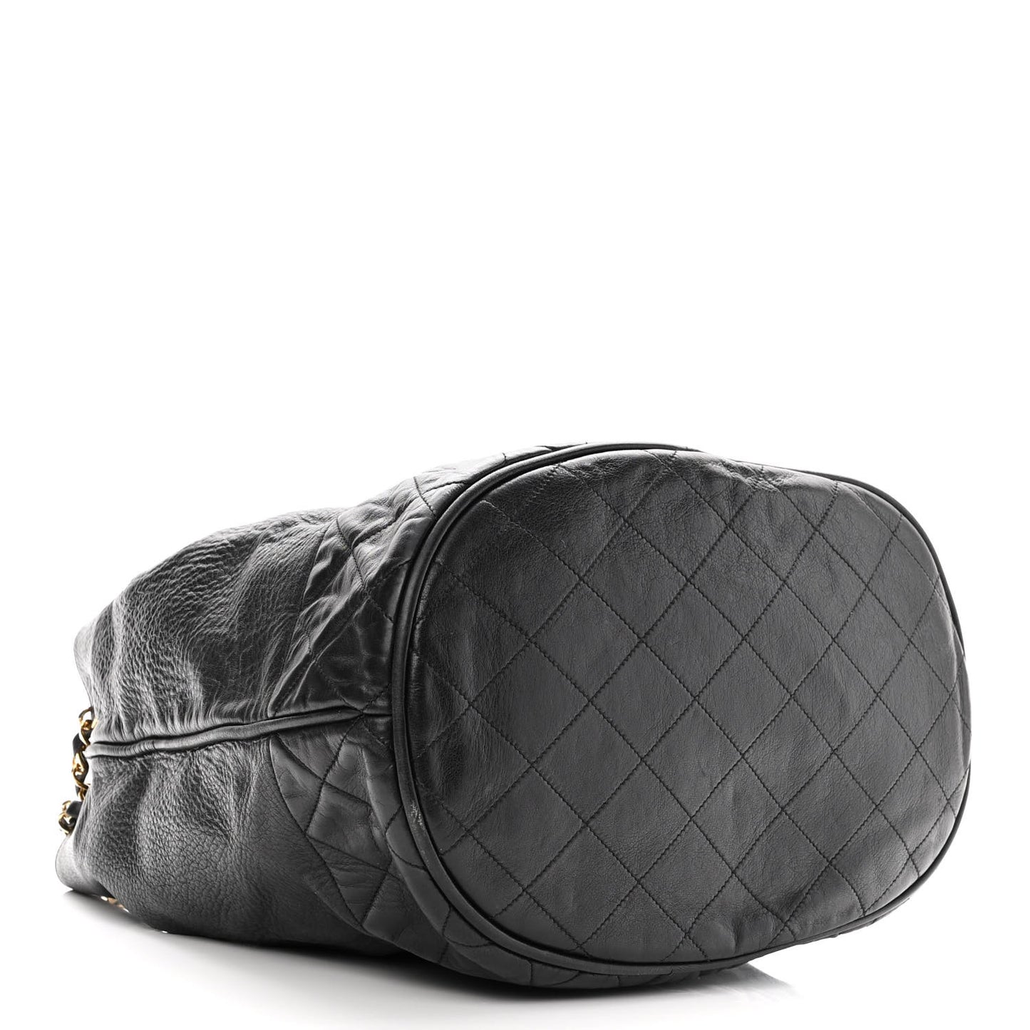 Grained Calfskin Lambskin Quilted Drawstring Bucket Bag Black
