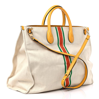Gucci Linen Heavy Canvas Textured Dollar Calfskin Web Large Retro Interlocking G Foldable Tote Light Beige 3 of 8