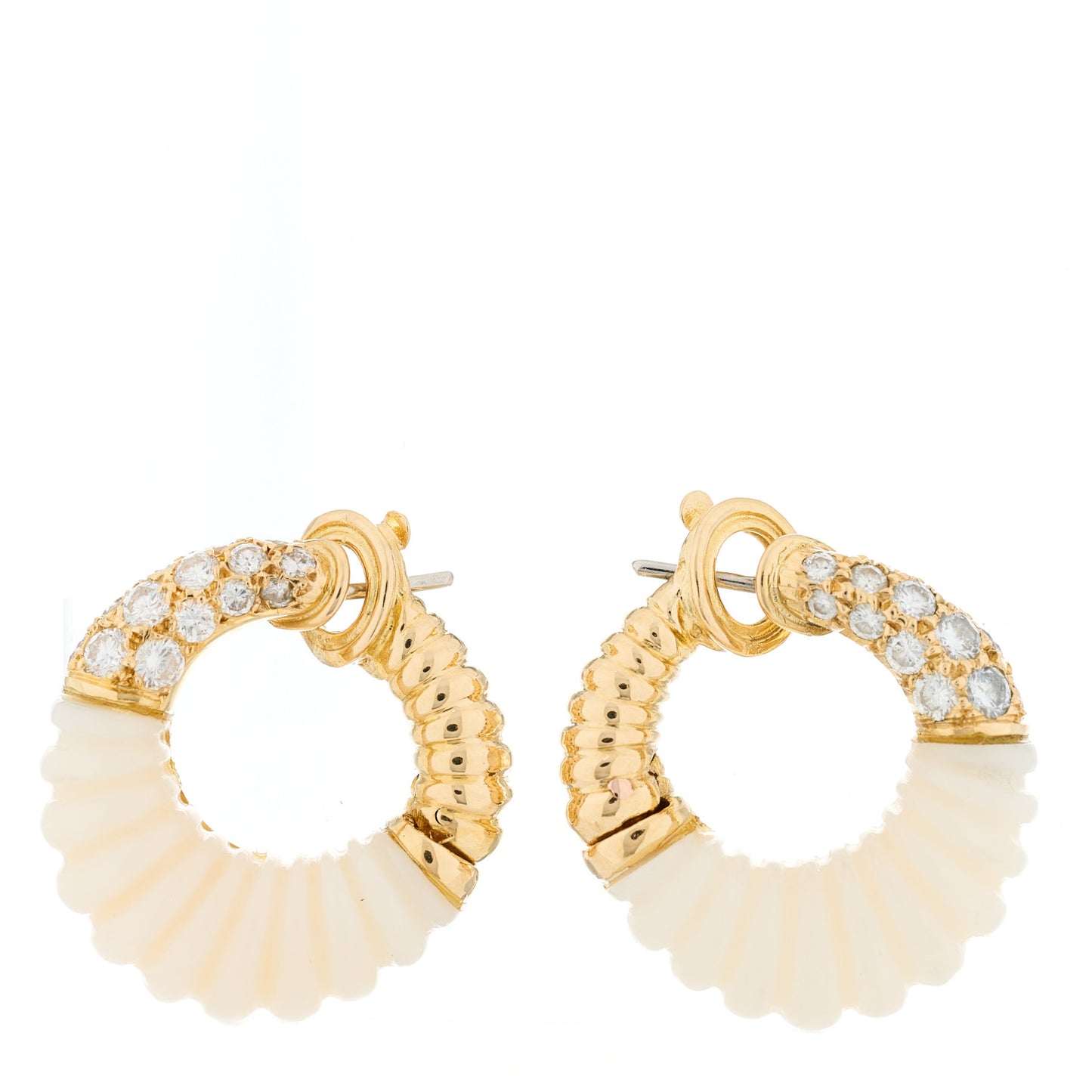 18K Yellow Gold Diamond White Coral Creole Hoop Earrings