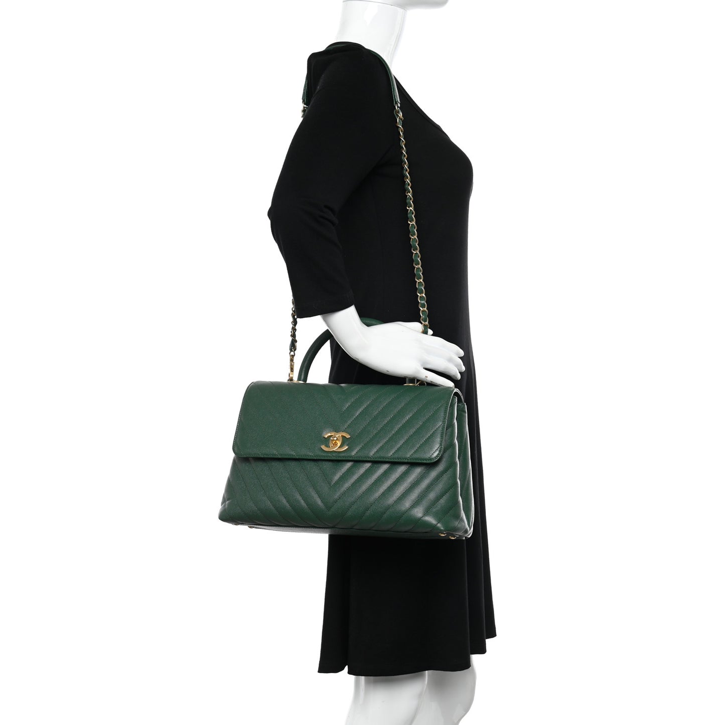 Caviar Chevron Quilted Medium Coco Handle Flap Green