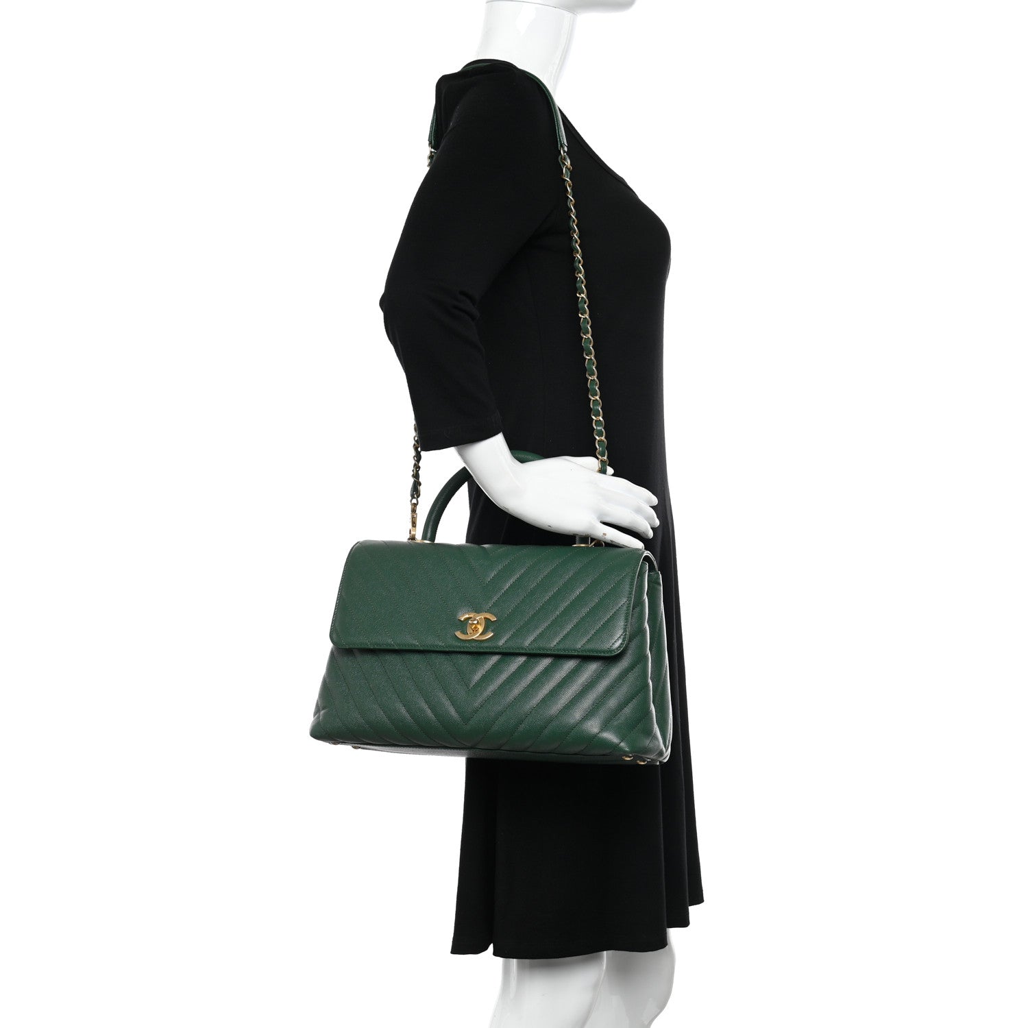 Chanel Caviar Chevron Quilted Medium Coco Handle Flap Green 2 of 12