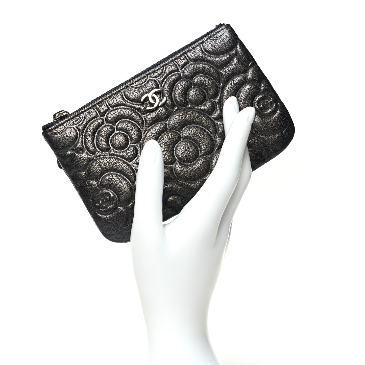 Goatskin Camellia Embossed Cosmetic Pouch Anthracite