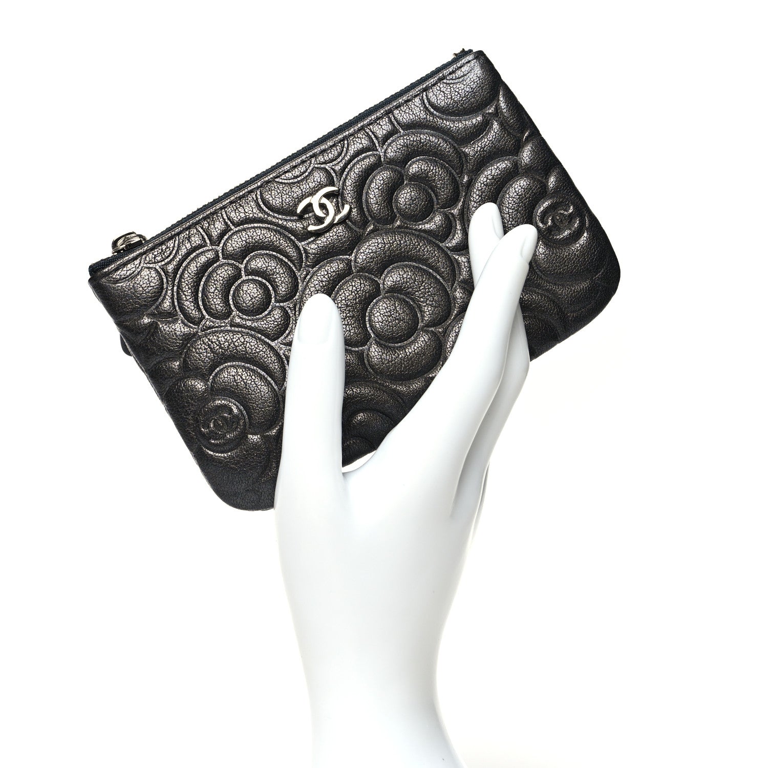 Chanel Goatskin Camellia Embossed Cosmetic Pouch Anthracite 2 of 11
