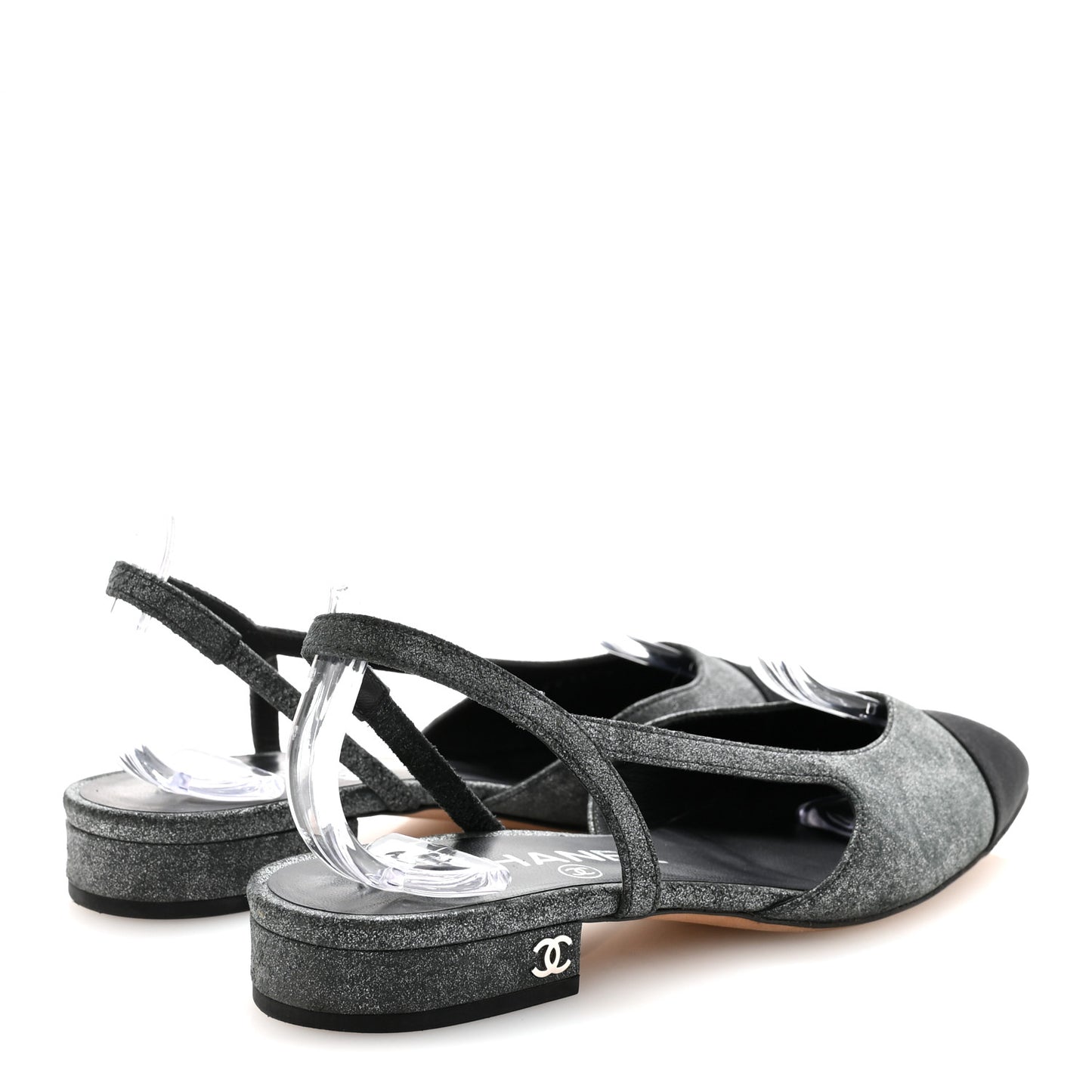 Lambskin Grosgrain Cap Toe CC Slingback Flats 35.5 Silver Black