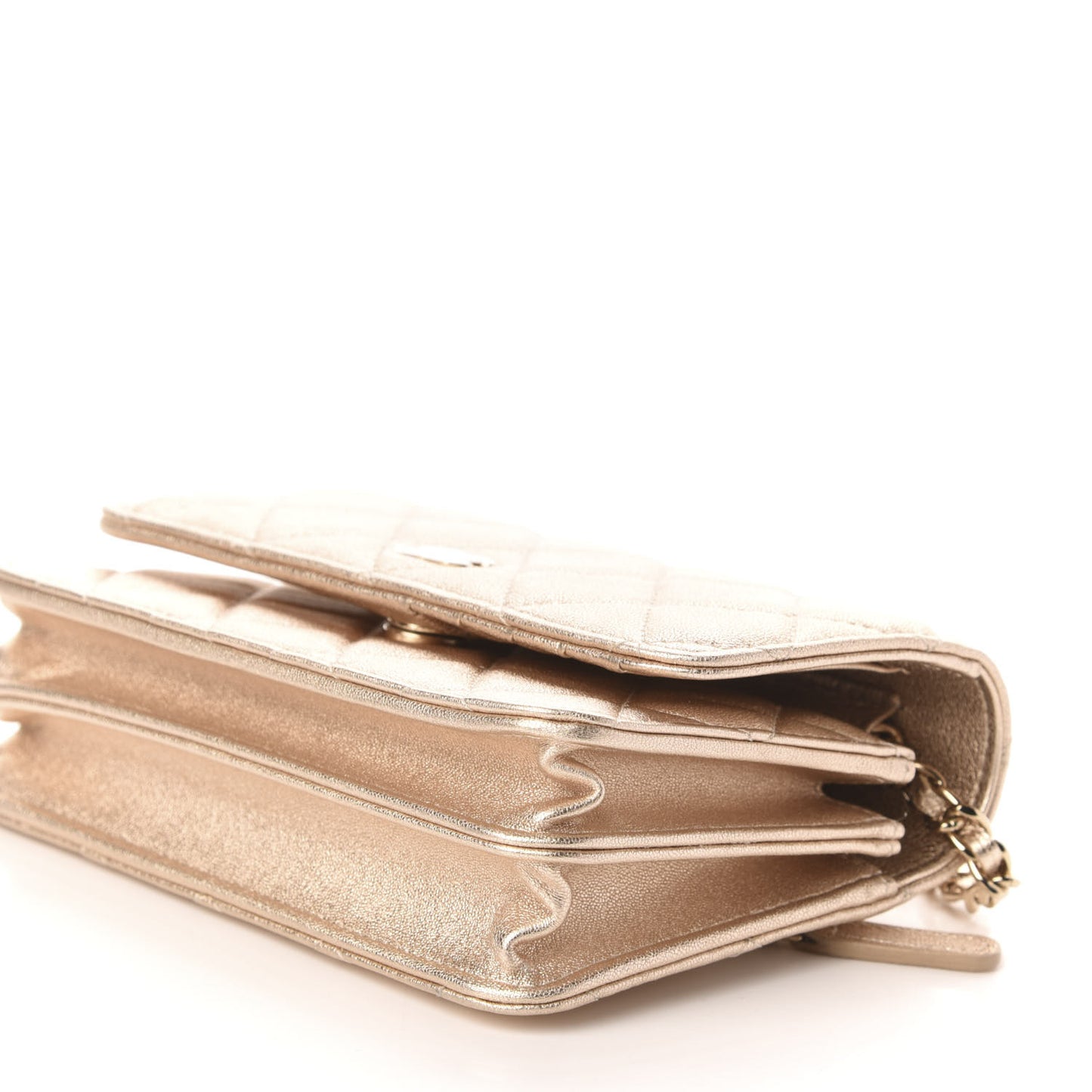 Metallic Lambskin Quilted Mini Wallet On Chain WOC Gold