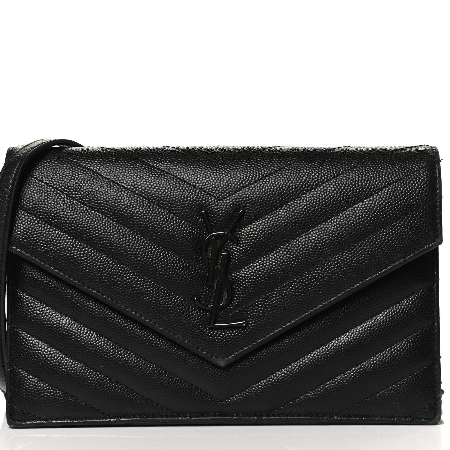 Saint Laurent Grain De Poudre Matelasse Chevron Monogram Envelope Chain Wallet Black 5 of 12