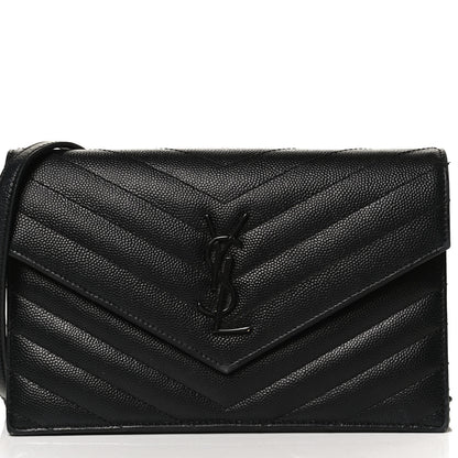 Saint Laurent Grain De Poudre Matelasse Chevron Monogram Envelope Chain Wallet Black 5 of 12