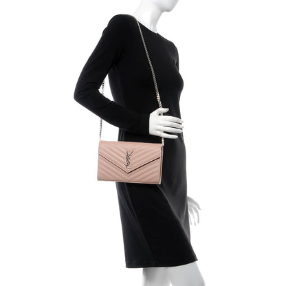 Saint Laurent Grain De Poudre Matelasse Chevron Monogram Chain Wallet Pale Pink 2 of 7