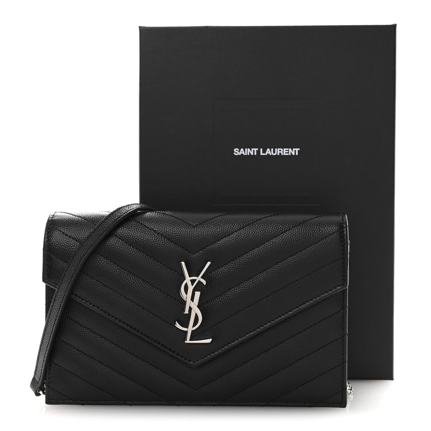 Grain De Poudre Matelasse Chevron Monogram Envelope Chain Wallet Black